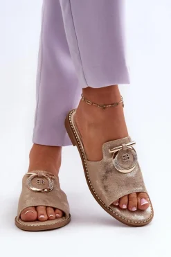 Clearance Damskie buty S.Barski Eleganckie Błyszczące Klapki Damskie Z Ozdobą S.Barski KV27-032 Złote