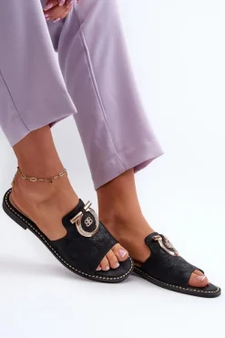 Klapki Damskie Klasyczne>Damskie buty S.Barski Eleganckie Błyszczące Klapki Damskie Z Ozdobą S.Barski KV27-032 Czarne