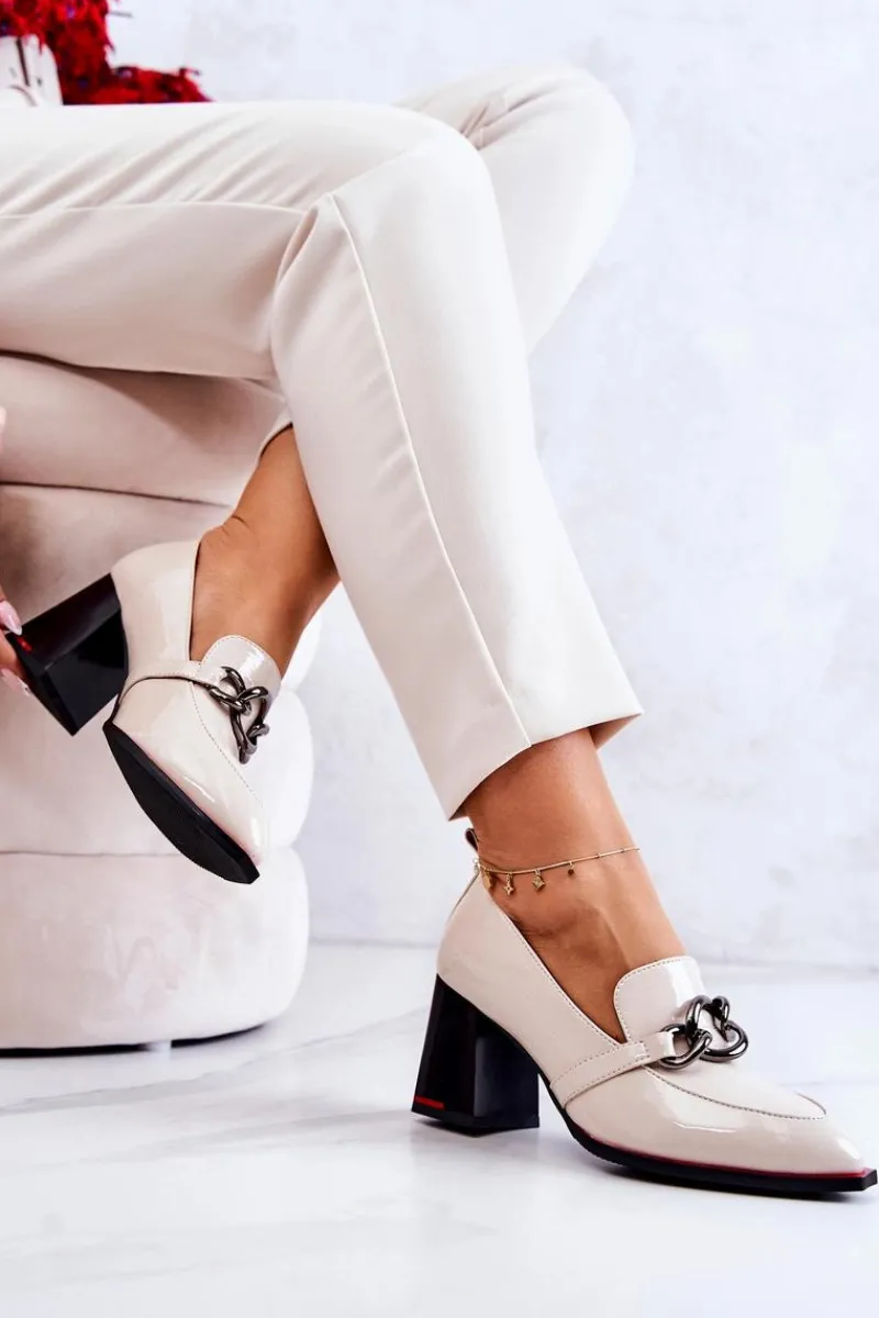 Eleganckie Czółenka Na Słupku Beżowe Callim Damskie Czółenka Na Słupku|Czółenka Klasyczne