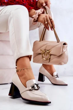 Eleganckie Czółenka Na Słupku Beżowe Callim Damskie Czółenka Na Słupku|Czółenka Klasyczne