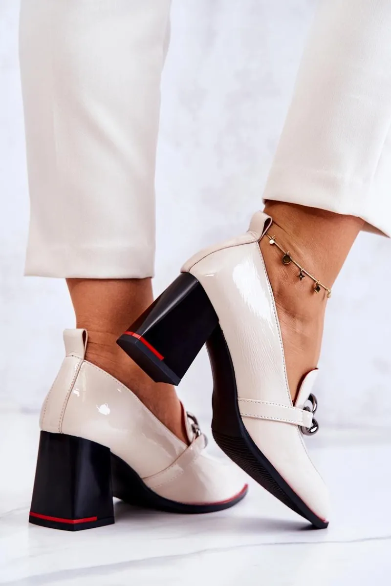 Eleganckie Czółenka Na Słupku Beżowe Callim Damskie Czółenka Na Słupku|Czółenka Klasyczne