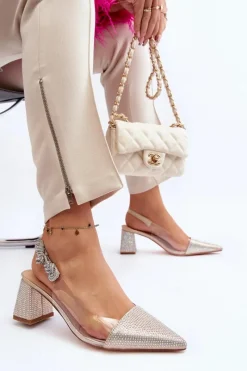 Eleganckie Czółenka W Szpic MR91292-1 Złote Damskie Czółenka Na Słupku|Czółenka Klasyczne