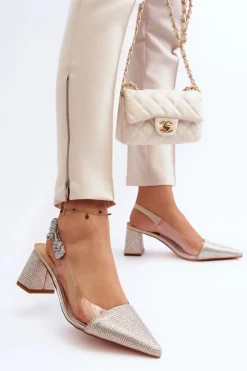 Eleganckie Czółenka W Szpic MR91292-1 Złote Damskie Czółenka Na Słupku|Czółenka Klasyczne