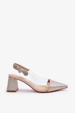 Eleganckie Czółenka W Szpic MR91292-1 Złote Damskie Czółenka Na Słupku|Czółenka Klasyczne