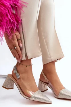 Eleganckie Czółenka W Szpic MR91292-1 Złote Damskie Czółenka Na Słupku|Czółenka Klasyczne