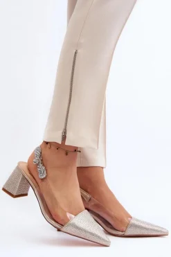 Eleganckie Czółenka W Szpic MR91292-1 Złote Damskie Czółenka Na Słupku|Czółenka Klasyczne