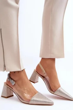 Eleganckie Czółenka W Szpic MR91292-1 Złote Damskie Czółenka Na Słupku|Czółenka Klasyczne
