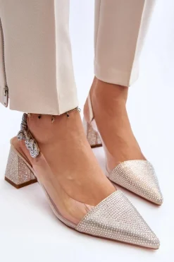 Eleganckie Czółenka W Szpic MR91292-1 Złote Damskie Czółenka Na Słupku|Czółenka Klasyczne
