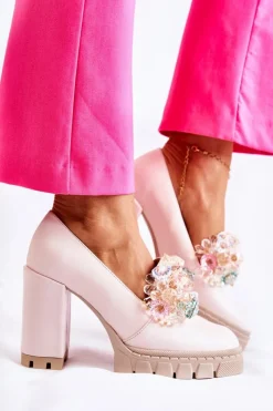 Hot Boto Eleganckie Czółenka Z Ozdobą Gładkie Jasnoróżowe Caterine