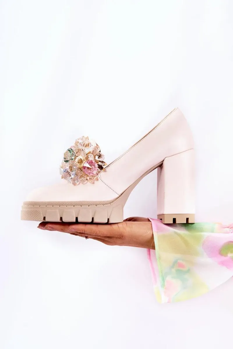 Hot Boto Eleganckie Czółenka Z Ozdobą Gładkie Jasnoróżowe Caterine