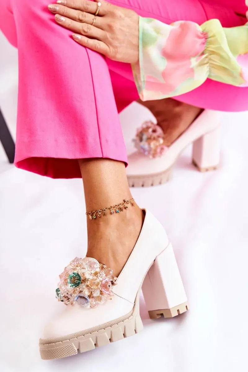 Hot Boto Eleganckie Czółenka Z Ozdobą Gładkie Jasnoróżowe Caterine