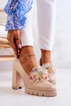 Hot Eleganckie Czółenka Z Ozdobą Gładkie Beżowe Caterine Damskie Czółenka Na Platformie|Czółenka Na Słupku