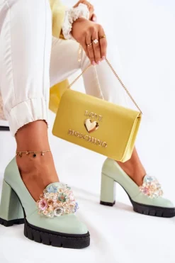 Eleganckie Czółenka Z Ozdobą Gładkie Zielone Caterine - Czarna Podeszwa Damskie Czółenka Na Platformie|Czółenka Na Słupku