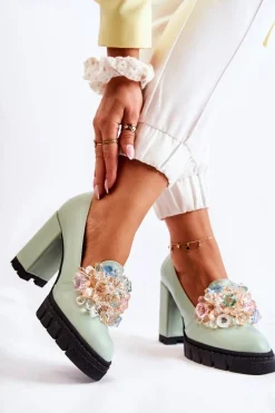 Eleganckie Czółenka Z Ozdobą Gładkie Zielone Caterine - Czarna Podeszwa Damskie Czółenka Na Platformie|Czółenka Na Słupku