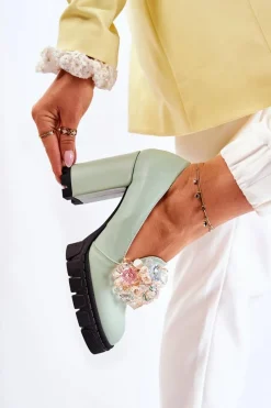 Eleganckie Czółenka Z Ozdobą Gładkie Zielone Caterine - Czarna Podeszwa Damskie Czółenka Na Platformie|Czółenka Na Słupku