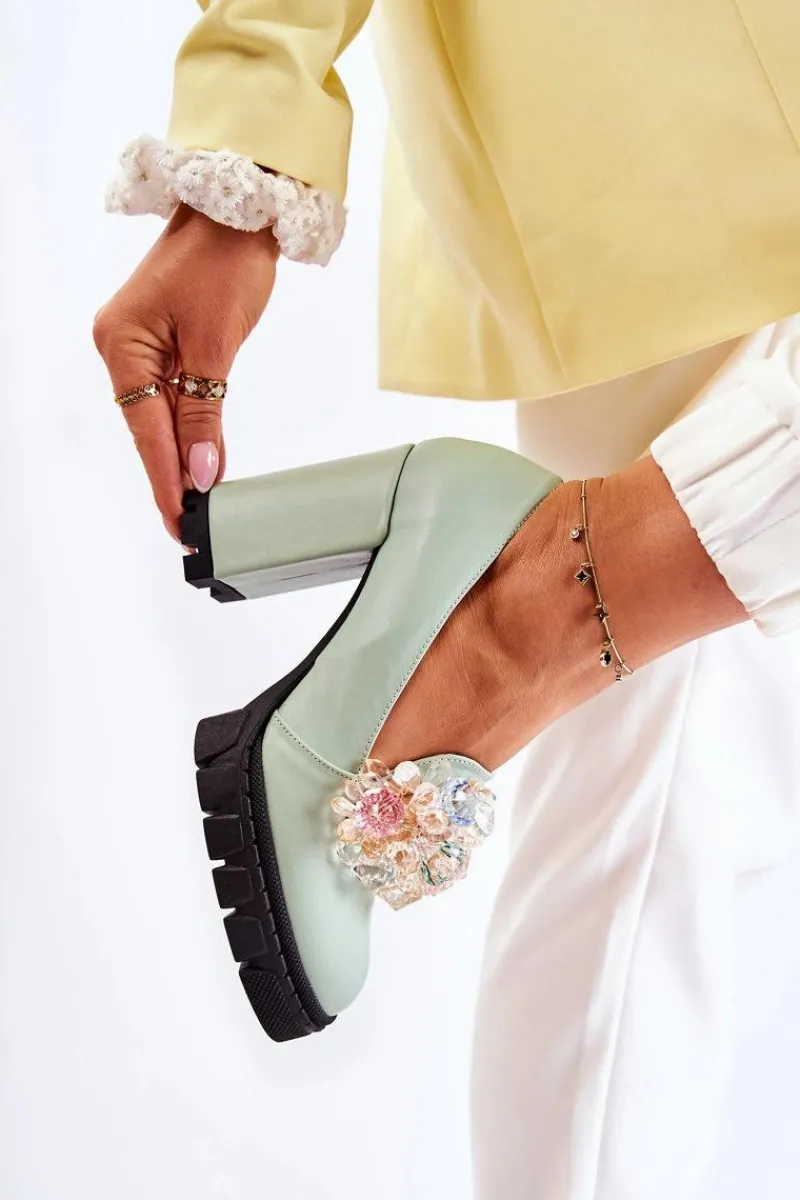 Eleganckie Czółenka Z Ozdobą Gładkie Zielone Caterine - Czarna Podeszwa Damskie Czółenka Na Platformie|Czółenka Na Słupku