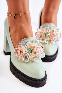 Eleganckie Czółenka Z Ozdobą Gładkie Zielone Caterine - Czarna Podeszwa Damskie Czółenka Na Platformie|Czółenka Na Słupku