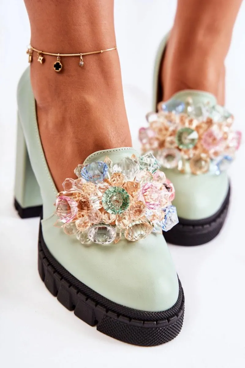 Eleganckie Czółenka Z Ozdobą Gładkie Zielone Caterine - Czarna Podeszwa Damskie Czółenka Na Platformie|Czółenka Na Słupku