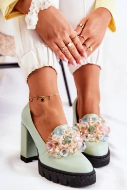 Eleganckie Czółenka Z Ozdobą Gładkie Zielone Caterine - Czarna Podeszwa Damskie Czółenka Na Platformie|Czółenka Na Słupku