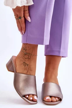 Klapki Na Obcasie|Klapki Damskie Klasyczne>Buty Sergio Leone Eleganckie Gładkie Klapki Sergio Leone KL317 Ciemnosrebrne