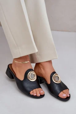 Hot Boto Eleganckie Klapki Damskie Na Niskim Obcasie Z Ozdobą Czarne Feledis