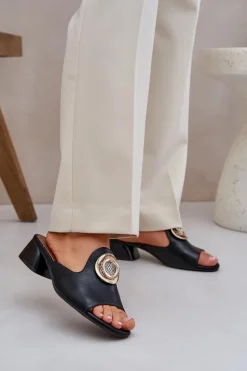 Hot Boto Eleganckie Klapki Damskie Na Niskim Obcasie Z Ozdobą Czarne Feledis