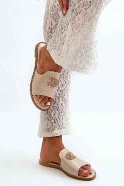 Eleganckie Klapki Damskie Błyszczące Z Ozdobą S.Barski KV27-050 Złote Damskie Klapki Damskie Klasyczne