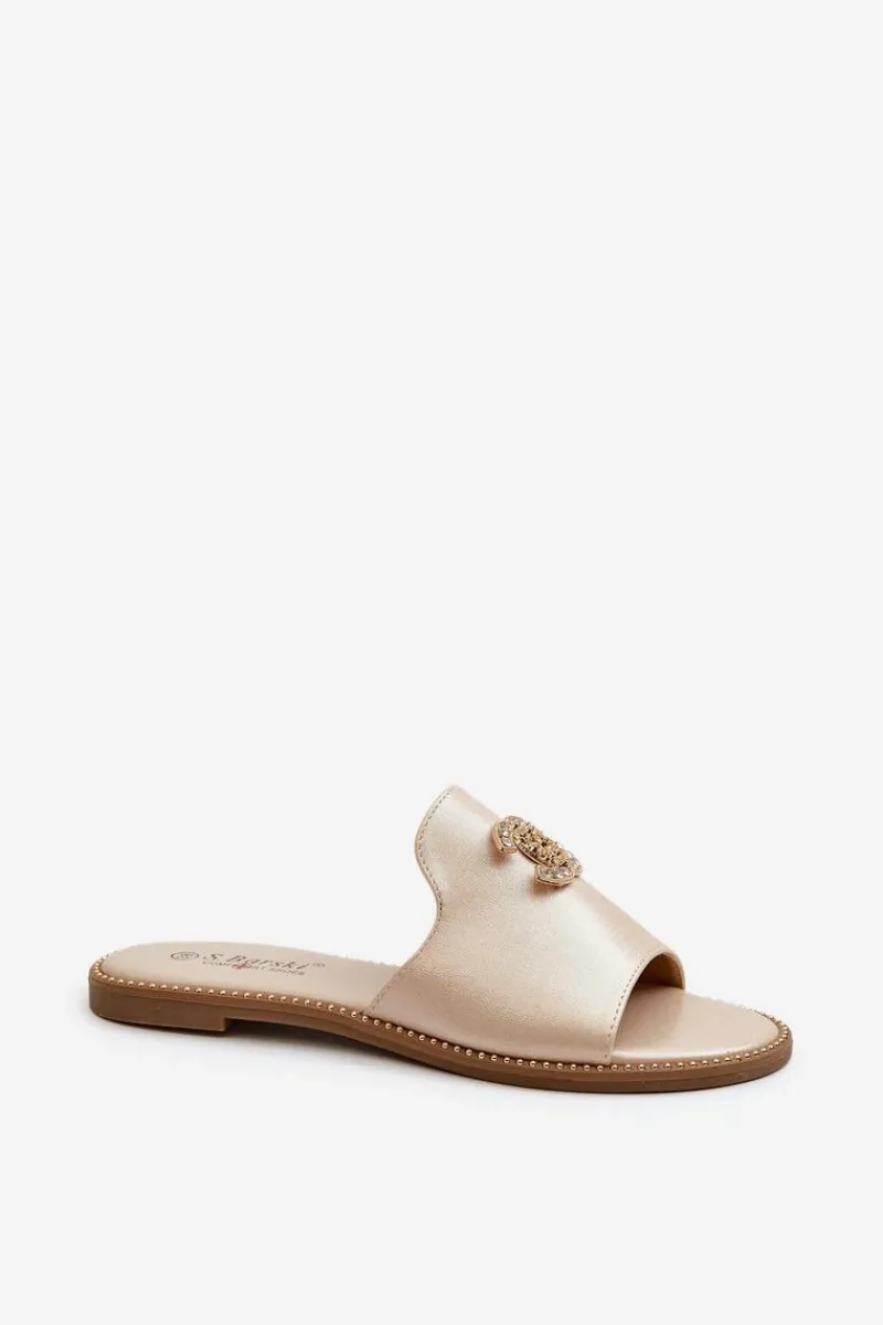 Eleganckie Klapki Damskie Błyszczące Z Ozdobą S.Barski KV27-050 Złote Damskie Klapki Damskie Klasyczne