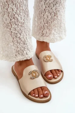 Eleganckie Klapki Damskie Błyszczące Z Ozdobą S.Barski KV27-050 Złote Damskie Klapki Damskie Klasyczne