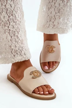 Eleganckie Klapki Damskie Błyszczące Z Ozdobą S.Barski KV27-050 Złote Damskie Klapki Damskie Klasyczne