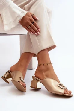 Sale Eleganckie Klapki Damskie Na Obcasie 2771 Złote Damskie Klapki Na Obcasie|Klapki Damskie Klasyczne