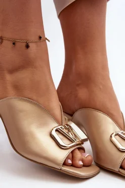 Sale Eleganckie Klapki Damskie Na Obcasie 2771 Złote Damskie Klapki Na Obcasie|Klapki Damskie Klasyczne