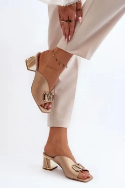 Sale Eleganckie Klapki Damskie Na Obcasie 2771 Złote Damskie Klapki Na Obcasie|Klapki Damskie Klasyczne