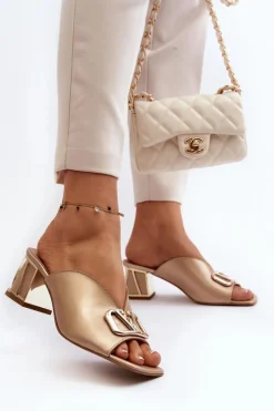 Sale Eleganckie Klapki Damskie Na Obcasie 2771 Złote Damskie Klapki Na Obcasie|Klapki Damskie Klasyczne