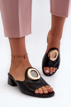 Clearance Eleganckie Klapki Damskie Na Niskim Obcasie Ze Złotą Ozdobą Czarne Uzimila Damskie Klapki Na Obcasie|Klapki Damskie Klasyczne