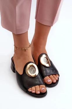 Clearance Eleganckie Klapki Damskie Na Niskim Obcasie Ze Złotą Ozdobą Czarne Uzimila Damskie Klapki Na Obcasie|Klapki Damskie Klasyczne