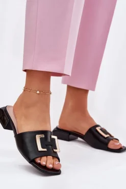 Discount Buty damskie Vinceza Eleganckie Klapki Damskie Na Klocku Ze Złotym Detalem Vinceza 62229 Czarne Czarny