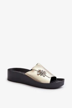 Eleganckie Klapki Damskie Z Ozdobą Skóra Naturalna S.Barski KV27-015 Złote Damskie Klapki Na Koturnie|Klapki Na Platformie