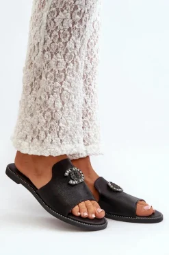 Klapki Damskie Klasyczne>Damskie buty S.Barski Eleganckie Klapki Damskie Błyszczące Z Ozdobą S.Barski KV27-050 Czarne Czarny