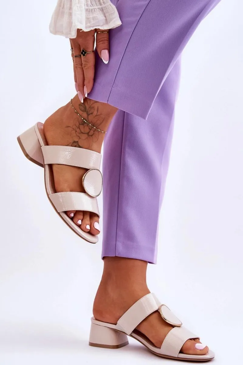 Hot Eleganckie Klapki Na Obcasie Sergio Leone KL310 Beżowe Damskie Klapki Na Obcasie|Klapki Damskie Klasyczne