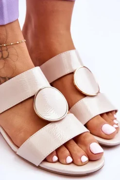 Hot Eleganckie Klapki Na Obcasie Sergio Leone KL310 Beżowe Damskie Klapki Na Obcasie|Klapki Damskie Klasyczne