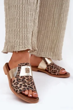 Sale Eleganckie Klapki Ze Skóry Naturalnej Na Płaskim Obcasie 40423 Panterka Damskie Klapki Damskie Klasyczne