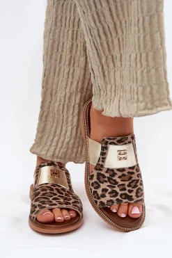 Sale Eleganckie Klapki Ze Skóry Naturalnej Na Płaskim Obcasie 40423 Panterka Damskie Klapki Damskie Klasyczne