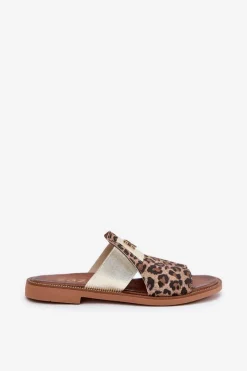 Sale Eleganckie Klapki Ze Skóry Naturalnej Na Płaskim Obcasie 40423 Panterka Damskie Klapki Damskie Klasyczne