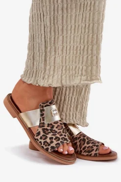 Sale Eleganckie Klapki Ze Skóry Naturalnej Na Płaskim Obcasie 40423 Panterka Damskie Klapki Damskie Klasyczne