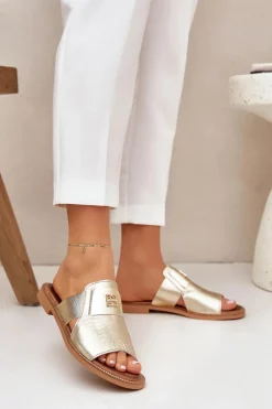 Klapki Damskie Klasyczne>Zazoo Eleganckie Klapki Ze Skóry Naturalnej Na Płaskim Obcasie 40423 Złote Złoty