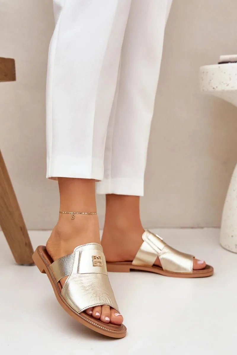 Klapki Damskie Klasyczne>Zazoo Eleganckie Klapki Ze Skóry Naturalnej Na Płaskim Obcasie 40423 Złote Złoty