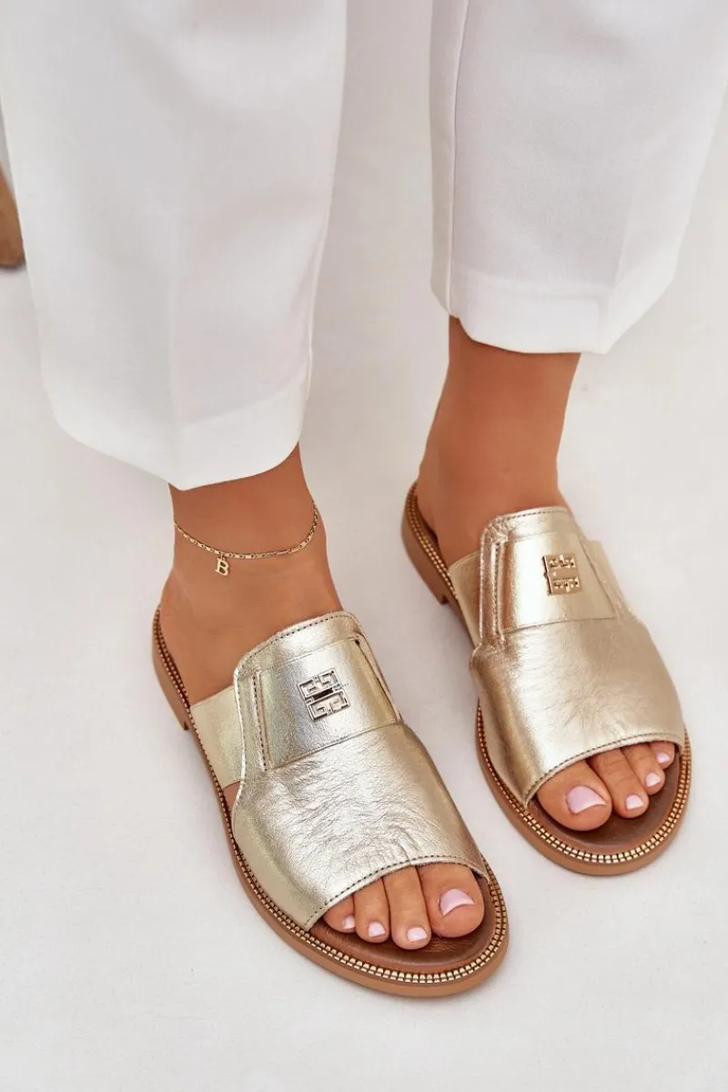 Klapki Damskie Klasyczne>Zazoo Eleganckie Klapki Ze Skóry Naturalnej Na Płaskim Obcasie 40423 Złote Złoty