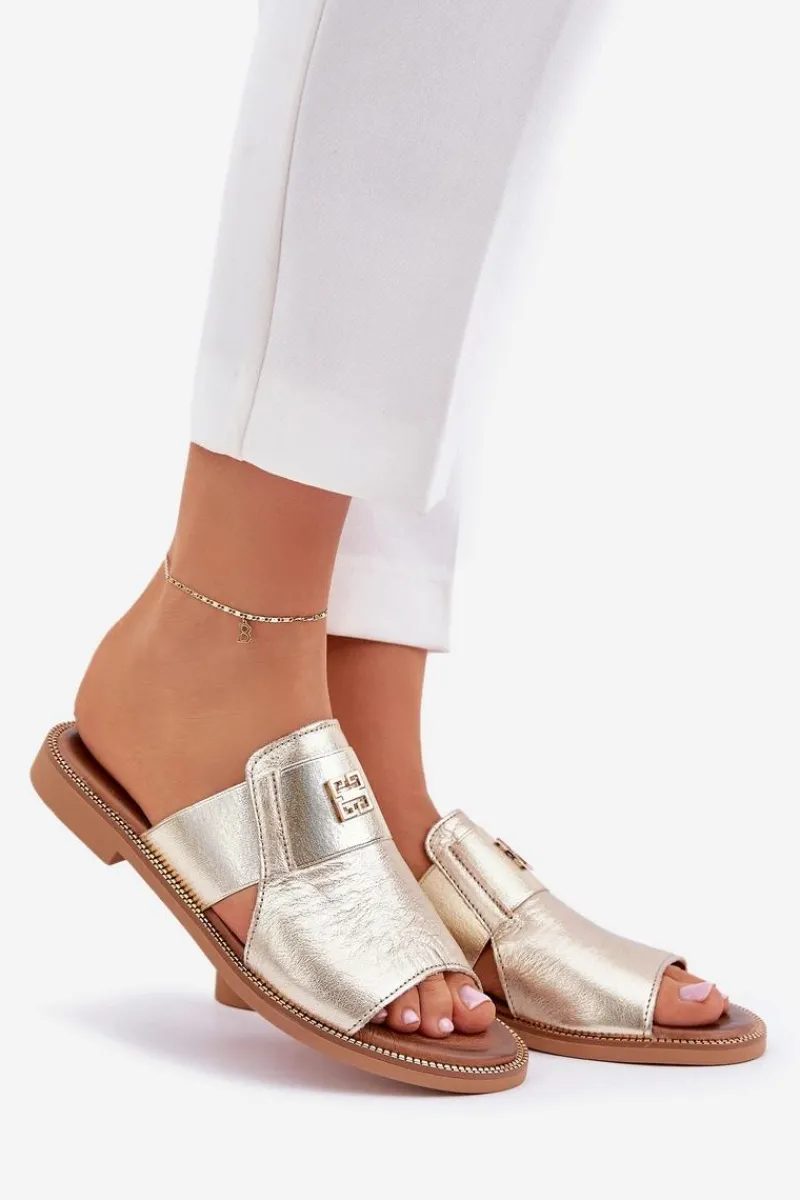 Klapki Damskie Klasyczne>Zazoo Eleganckie Klapki Ze Skóry Naturalnej Na Płaskim Obcasie 40423 Złote Złoty