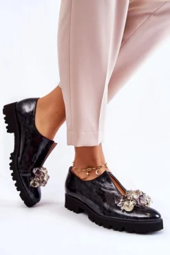 Półbuty Lakierowane|Półbuty Skórzane>Boto Eleganckie Lakierowane Półbuty Z Ozdobą Czarno-Szare Cindy